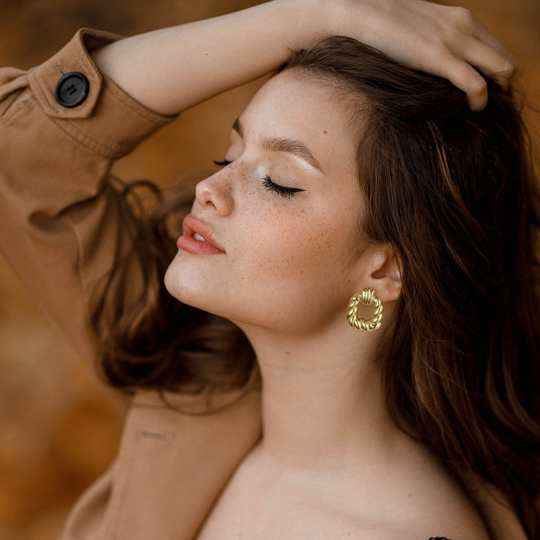 Golden, square-shaped Fried Dough Twists earrings