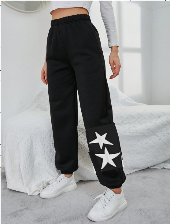 Black, women's casual pants, two white pentagrams below the left leg
