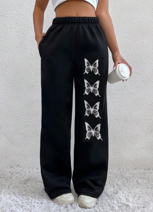 Black, women's casual pants, with 4 white butterfly patterns above the left leg