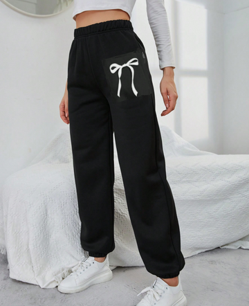 Black, women's casual pants, white bow on the left pocket